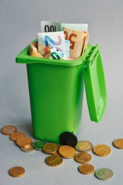 Euro banknotları ve sikkeleri olan çöp tenekesi, tıbbi maske, şırınga, termometre - kriz konsepti