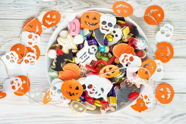Halloween Jack o Lantern candy bowl with candy and halloween cookies Trick or Treat  card