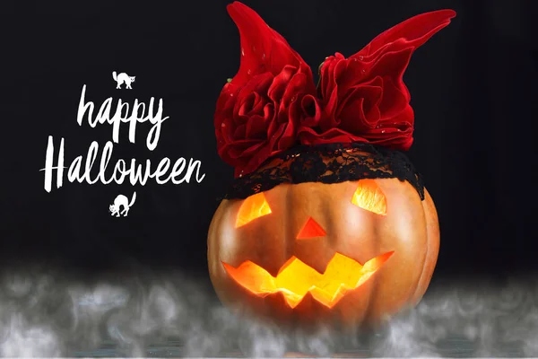 Calabaza Halloween Jack Lantern Sobre Fondo Negro Niebla Alrededor Velas —  Fotos de Stock