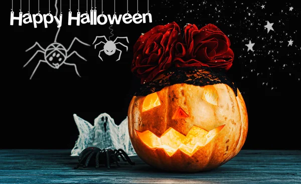 Halloween Jack Lantern Pumpkin Black Background Fog Candles Spiders Halloween — Stock Photo, Image