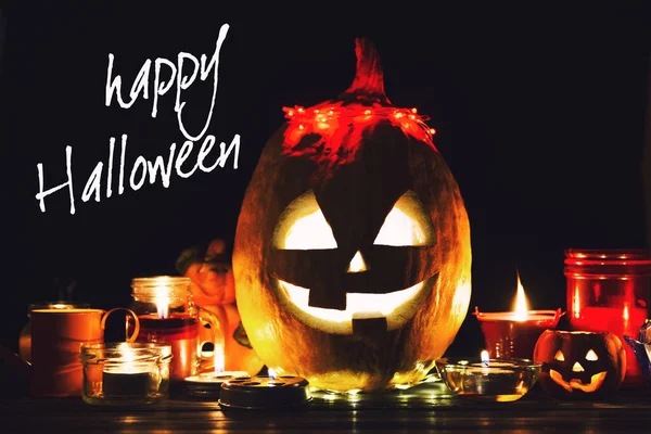 Halloween Jack Lantern Pumpkin Black Background Fog Candles Spiders Halloween — Stock Photo, Image
