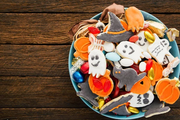 Halloween Jack o Lantern candy bowl with candy and halloween cookies Trick or Treat  card