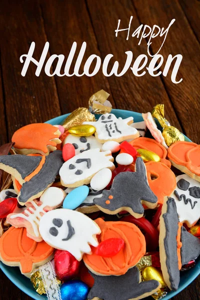 Halloween Jack Laterne Süßigkeitenschale Mit Süßigkeiten Und Halloween Plätzchen Trick — Stockfoto