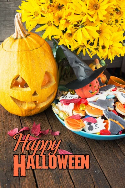 Halloween Jack o Lantern candy bowl with candy and halloween cookies Trick or Treat  card