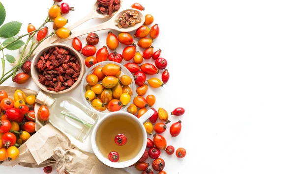 Kyčle Růží Rakytník Bobule Goji Viburnum Větev Léčivé Rostliny Byliny — Stock fotografie