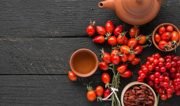 Hagebutten Sanddorn Und Goji Beeren Viburnum Zweig Heilpflanzen Und Kräuterzusammensetzung — Stockfoto