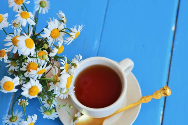 Kopje Kruidenkamille Thee Madeliefje Bloemen Witte Achtergrond Arts Behandeling Preventie — Stockfoto