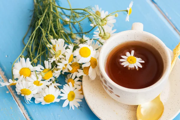 Tasse Pflanzlicher Kamillentee Und Margeritenblüten Auf Weißem Hintergrund Arzt Behandlung — Stockfoto