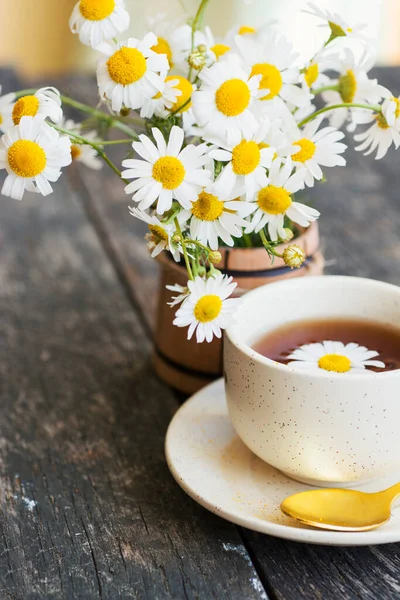 Xícara Chá Camomila Ervas Flores Margarida Fundo Branco Tratamento Médico — Fotografia de Stock