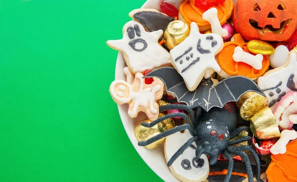 Fröhliche Halloween Karte Hintergrund Jack Laterne Schale Mit Süßigkeiten Und — Stockfoto