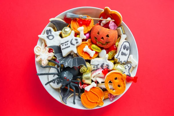 Fröhliche Halloween Karte Hintergrund Jack Laterne Schale Mit Süßigkeiten Und — Stockfoto