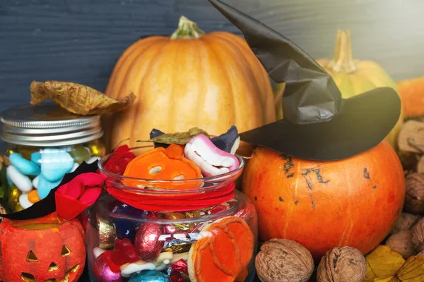Čerstvá Dýně Halloween Cookies Halloween Jack Lantern Dýně Sladká Mísa — Stock fotografie