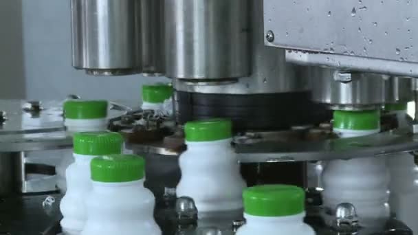 Moderne Anlage Zur Abfüllung Von Joghurt Plastikflaschen — Stockvideo
