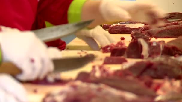Farmon Hentesek Feldarabolják Húst Darált Húst Főznek Darált Hús Főzésének — Stock videók