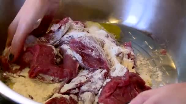 손으로 고기를 익힌다 넣는다 고기를 익힌다 고기는 식탁에 내놓았다 뜨거운 — 비디오