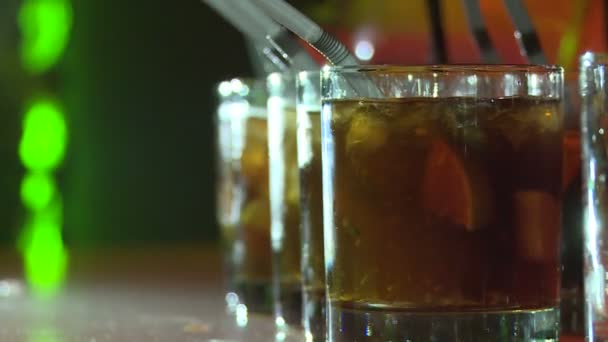 Bartender Pours Various Alcoholic Cocktails Glasses Blue Lagoon Mulled Wine — Stock Video