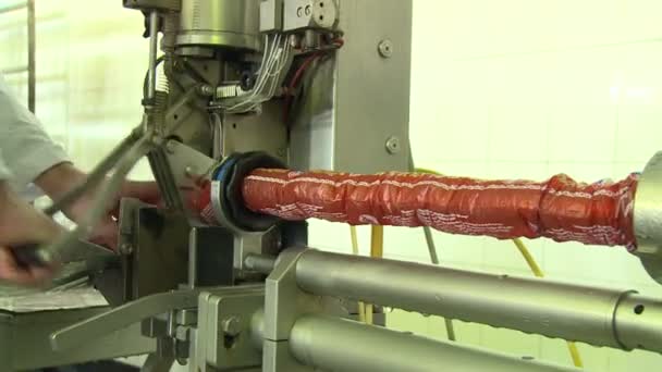 Produção Salsichas Carne Gordura São Moídas Uma Máquina Especial Recheio — Vídeo de Stock