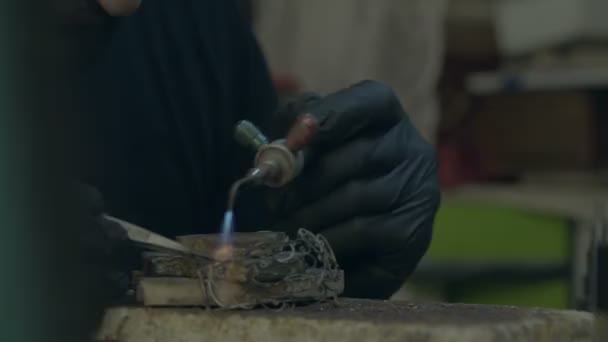 Jeweler Makes Jewelry Silver Jeweler Melt Silver Makes Patterns Grinds — Stock Video
