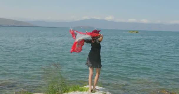 Une Fille Stait Sur Jetée Marchant Sur Plage Posant Devant — Video