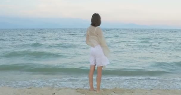 Una Chica Caminando Por Playa Posando Frente Cámara Sonrisas Caminar — Vídeos de Stock