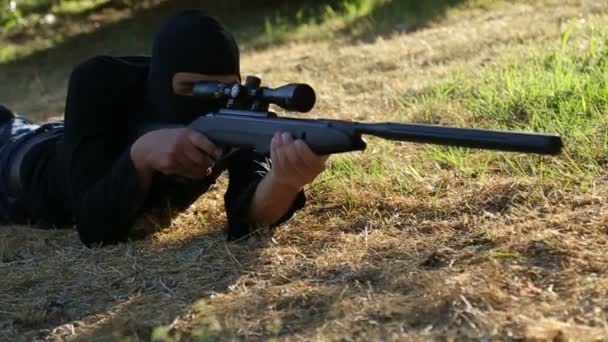 Sniper Sharpshooter Aims Shoots Slow Motion — Stock Video