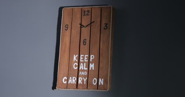 Wooden Handmade Clock Wall Writing Inscription Record Keep Calm Carry — Stock Video