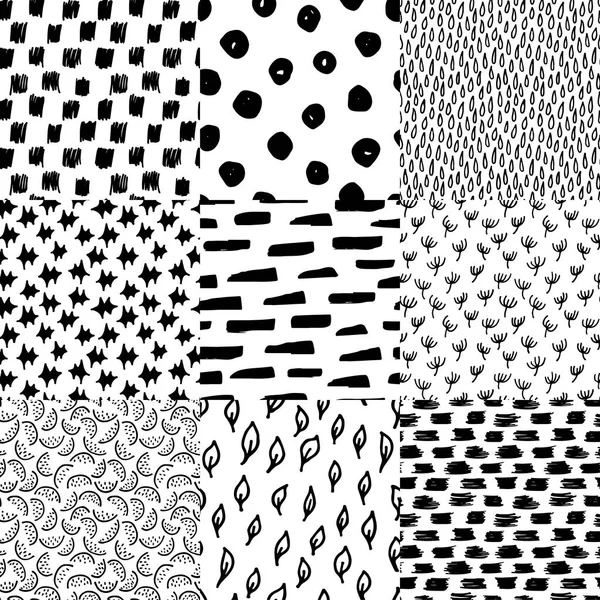 Abstracto monocromo dibujado a mano tinta negro y blanco patrones sin costura conjunto. Cepillo doodle vector repetida ilustración para papel, textil, tarjeta de felicitación, diseño de impresión . — Vector de stock