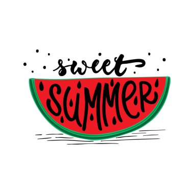 Tatlı yaz - beyaz arka plan üzerinde izole elle çizilmiş olumlu yazı ifade. Afiş, tebrik kartı, poster tasarımı, Fotoğraf bindirmeleri için eğlenceli fırça mürekkep vektör alıntı.