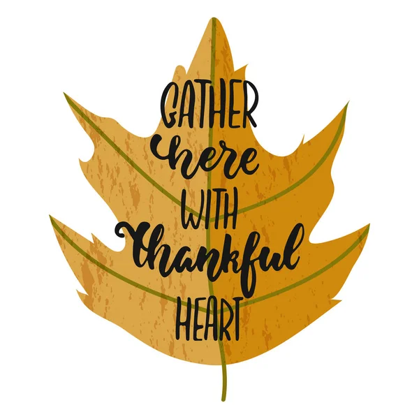 Verzamelen hier met dankbaar hart - hand getrokken herfst seizoenen Thanksgiving vakantie belettering zin geïsoleerd op de witte achtergrond. Leuk vectorillustratie voor banners, wenskaart, posterontwerp. — Stockvector