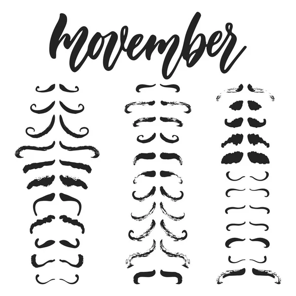 Movember - mão desenhada Novembro Cancer Awareness Month frase cartaz lettering com bigode isolado no fundo branco. Ilustração divertida do vetor da tinta da escova para banners, cartão da saudação, projeto . — Vetor de Stock
