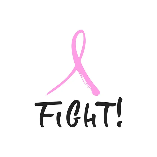 Fight - gambar tangan October Breast Cancer Awareness Month dengan pita merah muda terisolasi di latar belakang putih. Kutipan vektor tinta kuas untuk spanduk, kartu ucapan, desain poster . - Stok Vektor