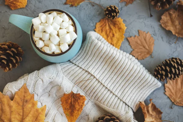 Blue mug with coffee, hot chocolate or cocoa with marshmallow on gray concrete background and lying dry leaves, cones, sweater. Concept of warm cozy autumn or winter. — Stock Photo, Image