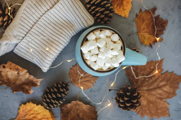 Taza azul con café, chocolate caliente o cacao con malvavisco sobre fondo de hormigón gris y hojas secas tumbadas, conos, suéter, guirnalda. Concepto de cálido acogedor otoño o invierno . — Foto de Stock
