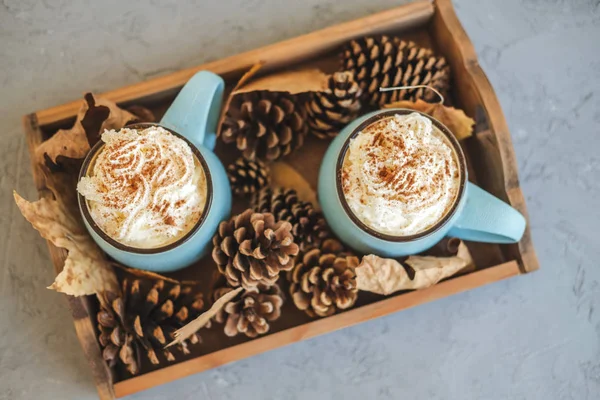 Autumn still life from tray full of pumpkin, leaves, cones, two mug of cocoa, coffee or hot chocolate with whipped cream pumpkin latte on concrete background. Concept warm home comfort. — Stock Photo, Image