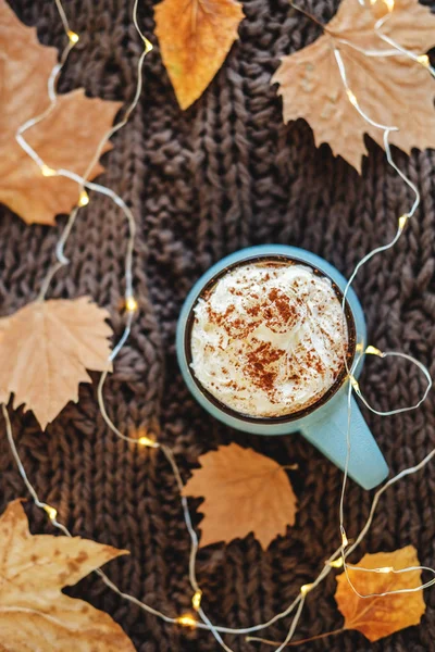 Taza de café, cacao o chocolate caliente con crema batida y canela en bufanda con hojas, guirnalda. Calabaza con leche - bebida acogedora para el otoño frío o el invierno . — Foto de Stock