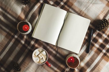 Sonbahar ve kış defter, kalem, garland, koniler, kupa kakao, kahve veya sıcak çikolata hatmi sıcak ekose üzerinde arka plan. Kavram planlarını sıcak rahat ev ortamında çizim çalışmalarının.