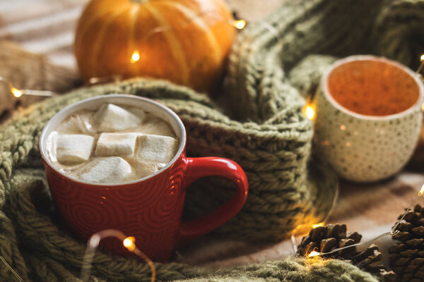 Autumn still life from pumpkin, leaves, pine cones, candles, scarf, red mug of cocoa, coffee or hot chocolate with marshmallow on warm plaid with garland. Concept of cozy winter home environment.