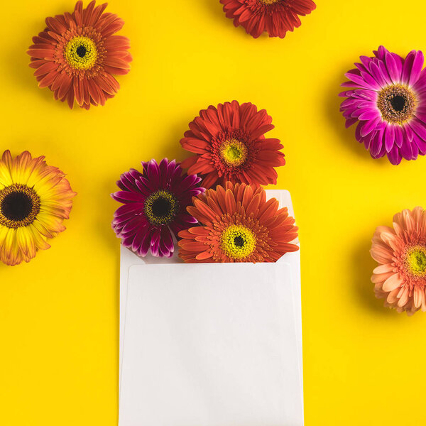 Яркие красивые цветы герберы и бумажная открытка на солнечном желтом фоне. День матери, День Святого Валентина. Место для текста, лепестки или продукта. Вид сверху, пространство для копирования. Флэтли
.