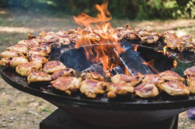 Yuvarlak barbekü ızgara içinde açık ateş ile. Yaz pikniği için yemekler hazırlanıyor: tavuk parçaları.