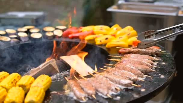 Parrilla redonda con fuego abierto en el interior. Se preparan comidas para el picnic de verano: maíz, berenjena, pimiento, kebab. Las manos masculinas en guantes negros dan vuelta a la comida con pinzas para barbacoa . — Vídeos de Stock