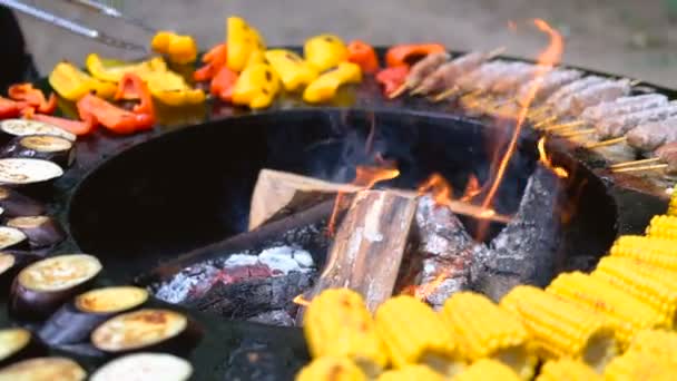 Kulatý gril s otevřeným ohněm uvnitř. Připravují se jídla na letní piknik: kukuřice, baklažánka, paprika, kebab. Mužská ruka v černých rukavicích obrátí jídlo kleštěmi. — Stock video