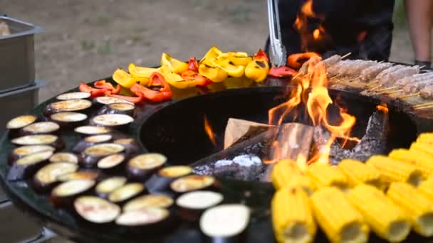 Parrilla redonda con fuego abierto en el interior. Se preparan comidas para el picnic de verano: maíz, berenjena, pimiento, kebab. Las manos masculinas en guantes negros dan vuelta a la comida con pinzas para barbacoa . — Vídeos de Stock