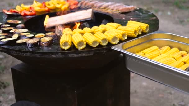 Round barbecue grill with open fire inside. Meals for summer picnic are being prepared: corn, eggplant, bell pepper, kebab. Male hands in black gloves turn food over with barbecue tongs. — Stock Video