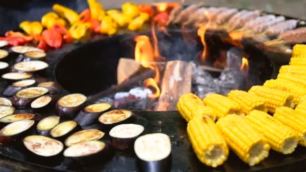 Parrilla redonda con fuego abierto en el interior. Se preparan comidas para el picnic de verano: maíz, berenjena, pimiento, kebab. Las manos masculinas en guantes negros dan vuelta a la comida con pinzas para barbacoa . — Vídeos de Stock