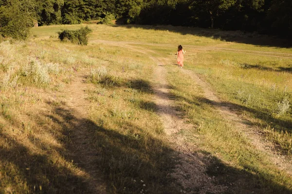 Beautiful young girl with dark curly hair in bright orange dress walks into the distance through forest or field at sunset. Romantic mood. Loneliness. — 图库照片