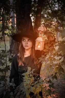 Siyah elbiseli ve şapkalı genç bir kadın elinde mumlarla fener tutuyor ve ormanı aydınlatıyor. Cadılar Bayramı partisi kostümü. Sonbahar ağaçlarıyla park et.