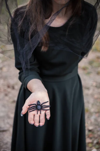 Jeune jolie femme mignonne en robe sombre et chapeau de sorcièresaraignée noire dans ses mains. Costume de fête d'Halloween. Forêt, parc avec arbres d'automne. — Photo