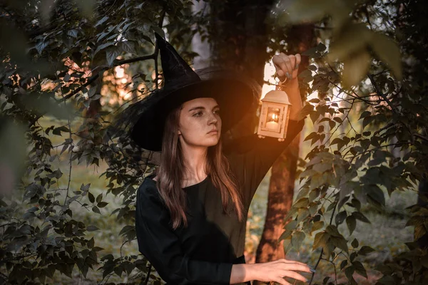 Jeune femme en robe sombre et chapeau de sorcières tient lanterne avec des bougies dans ses mains et éclaire la forêt. Costume de fête d'Halloween. Parc avec arbres d'automne. — Photo
