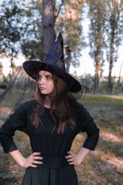 Güz ormanlarının ya da parkın ortasında duran koyu renk elbiseli ve cadı şapkalı güzel bir kadın. Cadılar Bayramı partisi kostümü. Yakın plan portre. Yüzündeki gölge..