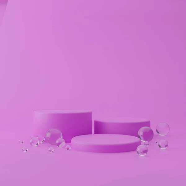 Drie cilindrische geometrische modellen van het podium op een felviolette achtergrond met ronde glazen ballen op de vloer. Minimalistische trendy stijl voor cosmeticareclame. 3d illustratie weergeven. — Stockfoto